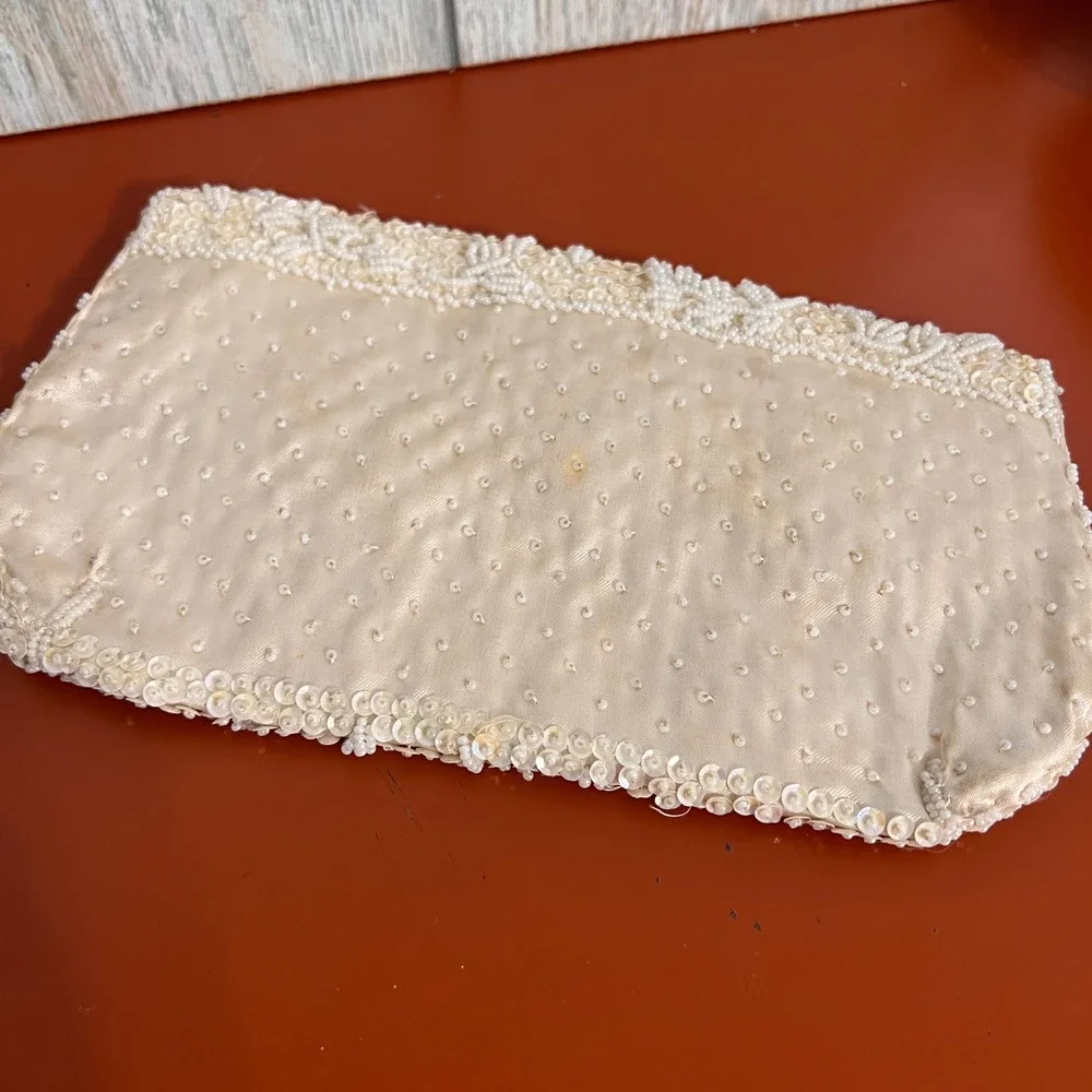 Vintage Ivory Beaded Sequin Satin Clutch Bag Evening Wedding Bridal Cream 9x5